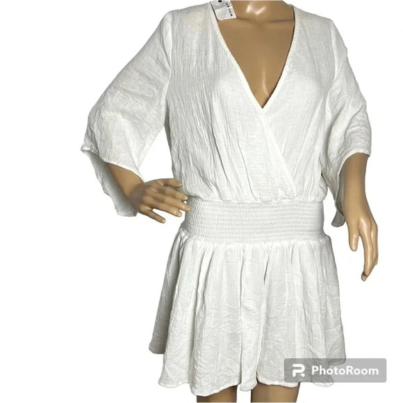 MIOU MUSE NWT  white mini flare gauze dress,cotton, smocked waistline - Picture 3 of 14
